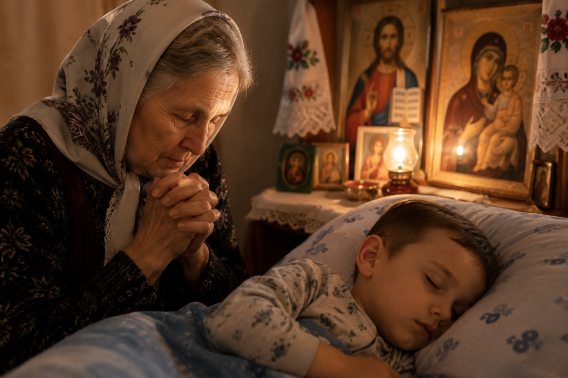 Літня жінка молиться біля ліжка сплячої дитини перед домашніми іконами.
