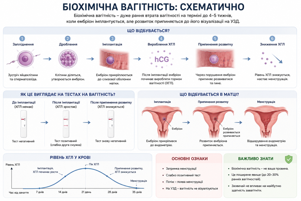 Схематична інфографіка, що показує процес біохімічної вагітності, зміни рівня ХГЛ, результати тестів на вагітність і перебіг ранньої втрати вагітності.