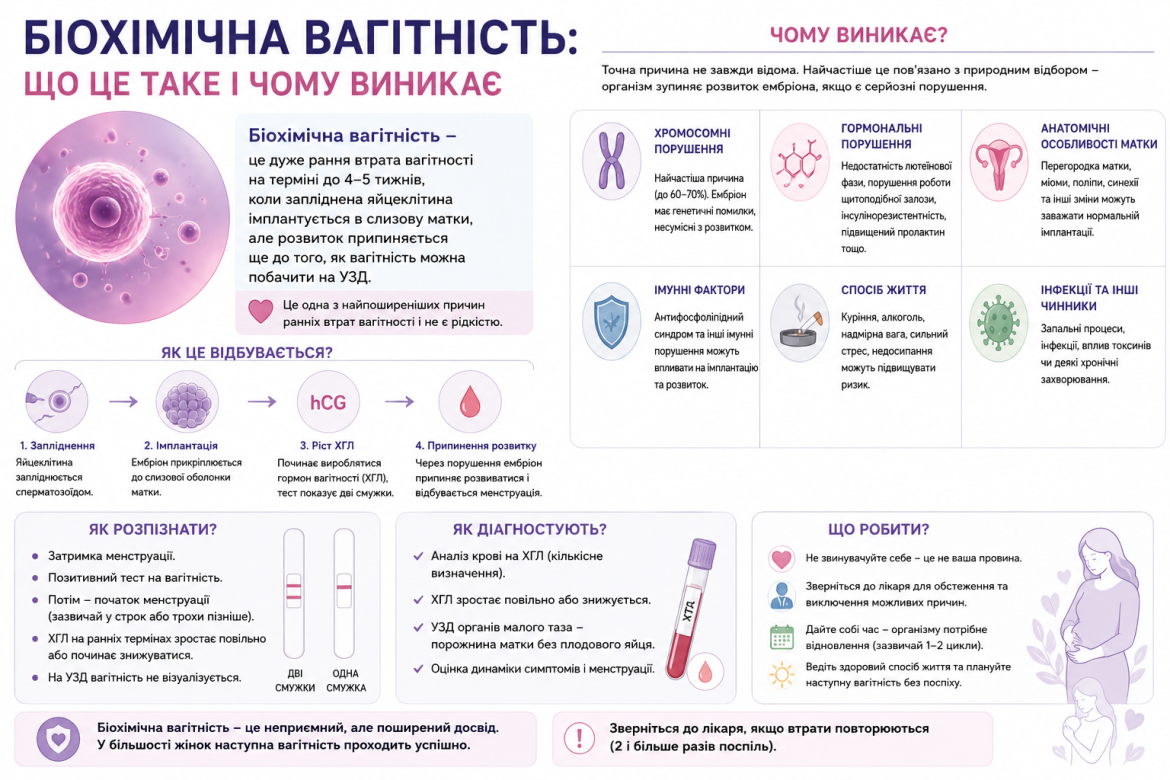 Інфографіка про біохімічну вагітність із поясненням причин, ознак, діагностики, перебігу та рекомендацій щодо подальших дій.