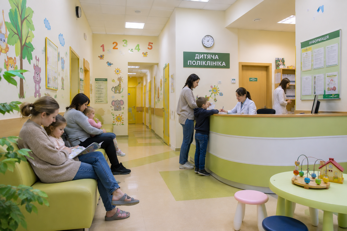Відвідувачі з дітьми очікують прийому в дитячій поліклініці біля реєстратури.
