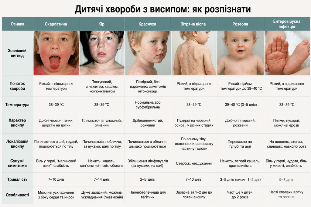 Інфографіка з порівнянням дитячих хвороб, що супроводжуються висипом, із прикладами висипань, симптомами та основними відмінностями.