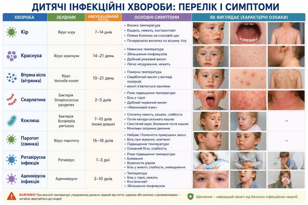 Інфографіка з поширеними дитячими інфекційними хворобами, симптомами та характерними проявами.