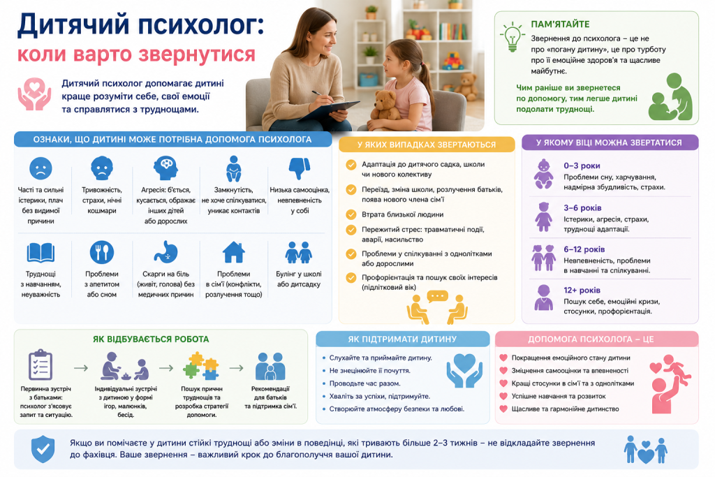 Інфографіка про ознаки, коли дитині може знадобитися допомога дитячого психолога, етапи роботи спеціаліста та рекомендації для батьків.