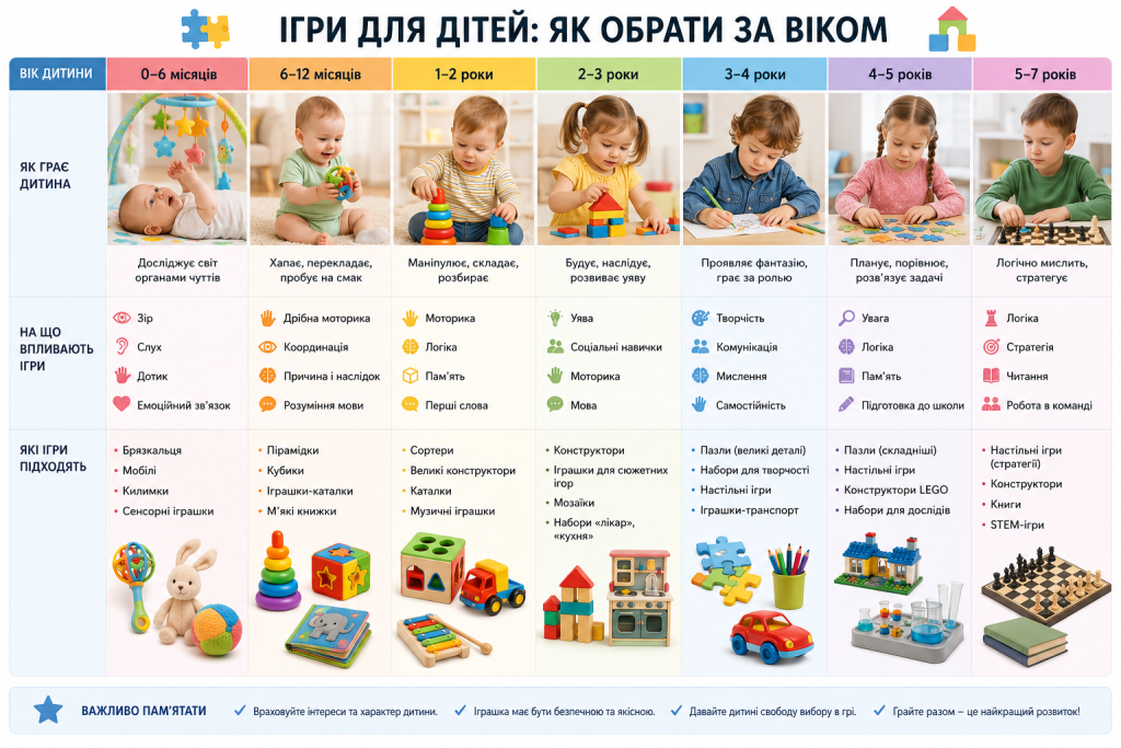 Інфографіка з рекомендаціями ігор та іграшок для дітей різного віку і розвитку навичок.