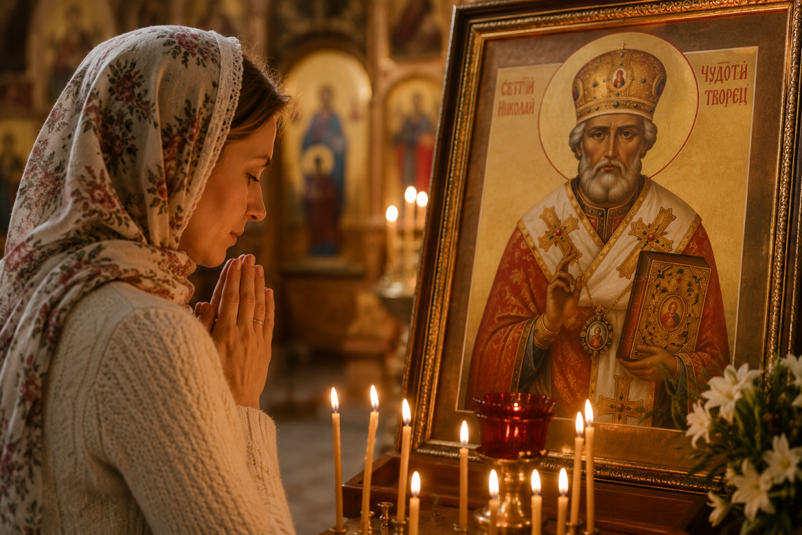 Жінка зі складеними в молитві руками стоїть перед іконою святого Миколая Чудотворця у храмі при запалених свічках.