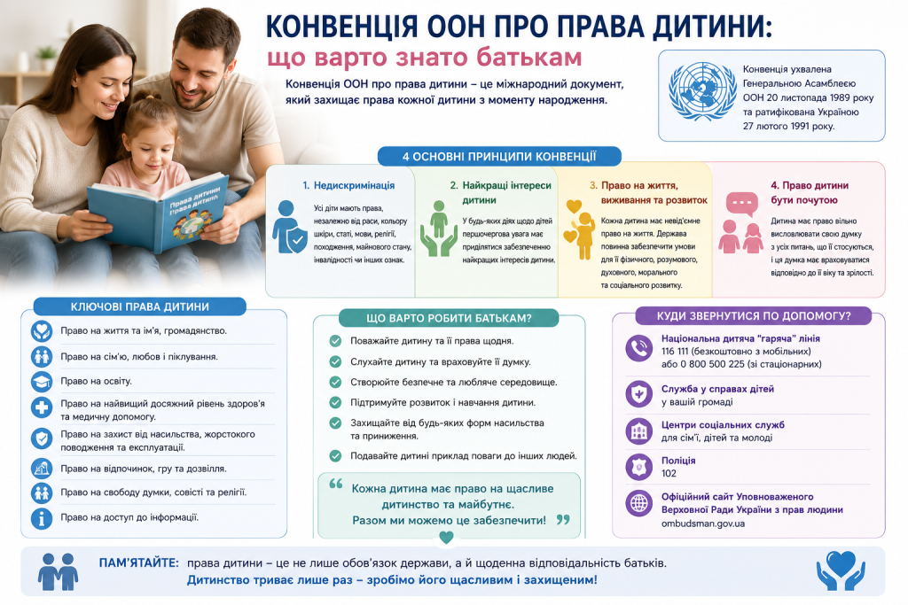 Інфографіка про Конвенцію ООН про права дитини з основними принципами, правами дітей, порадами для батьків та інформацією, куди звернутися по допомогу.