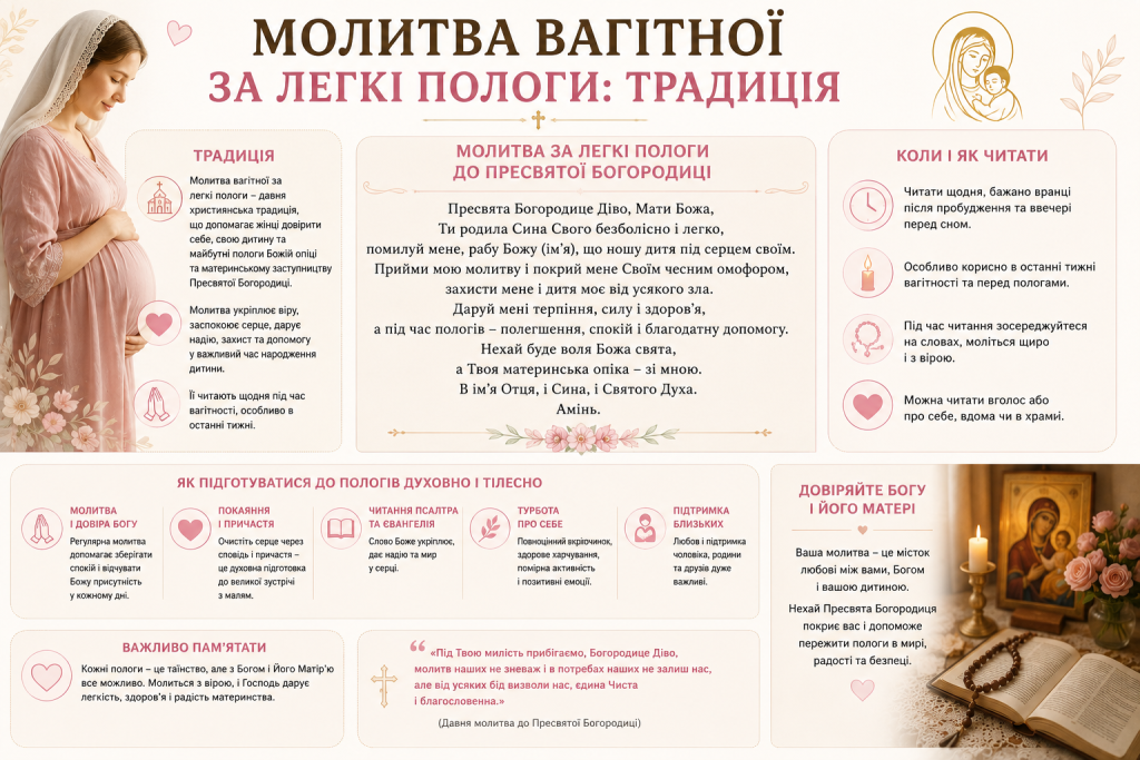 Інфографіка з молитвою вагітної за легкі пологи, поясненням традиції, порадами щодо духовної підготовки та рекомендаціями, коли читати молитву.