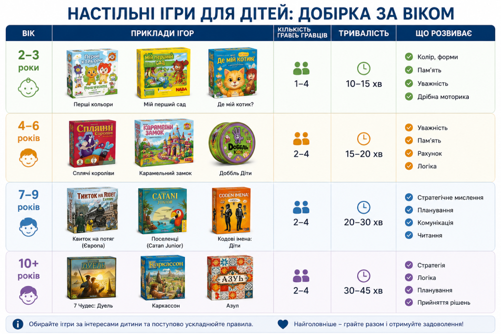 Інфографіка з рекомендаціями настільних ігор для дітей різного віку та їхніх переваг.