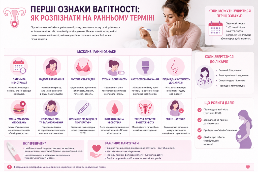 Інфографіка про перші симптоми вагітності, терміни їх появи та рекомендації щодо звернення до лікаря.