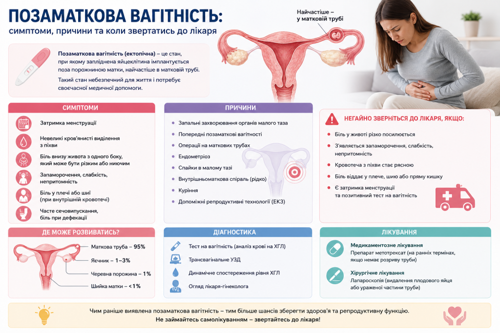 Інфографіка про позаматкову вагітність із симптомами, причинами, діагностикою та лікуванням.