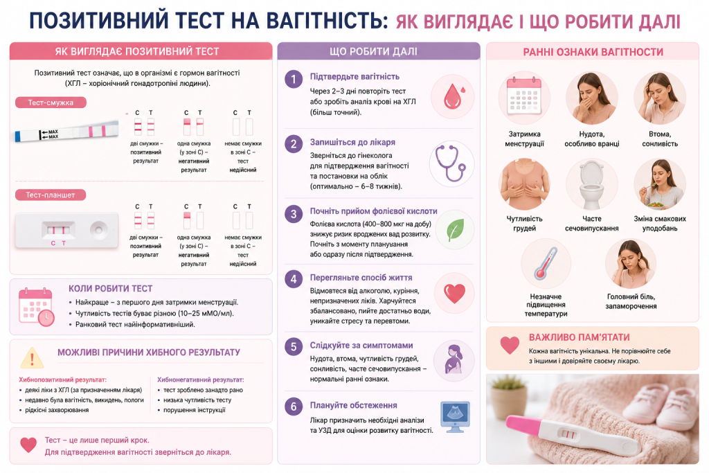 Інфографіка про позитивний тест на вагітність, ранні ознаки та подальші дії після отримання результату.