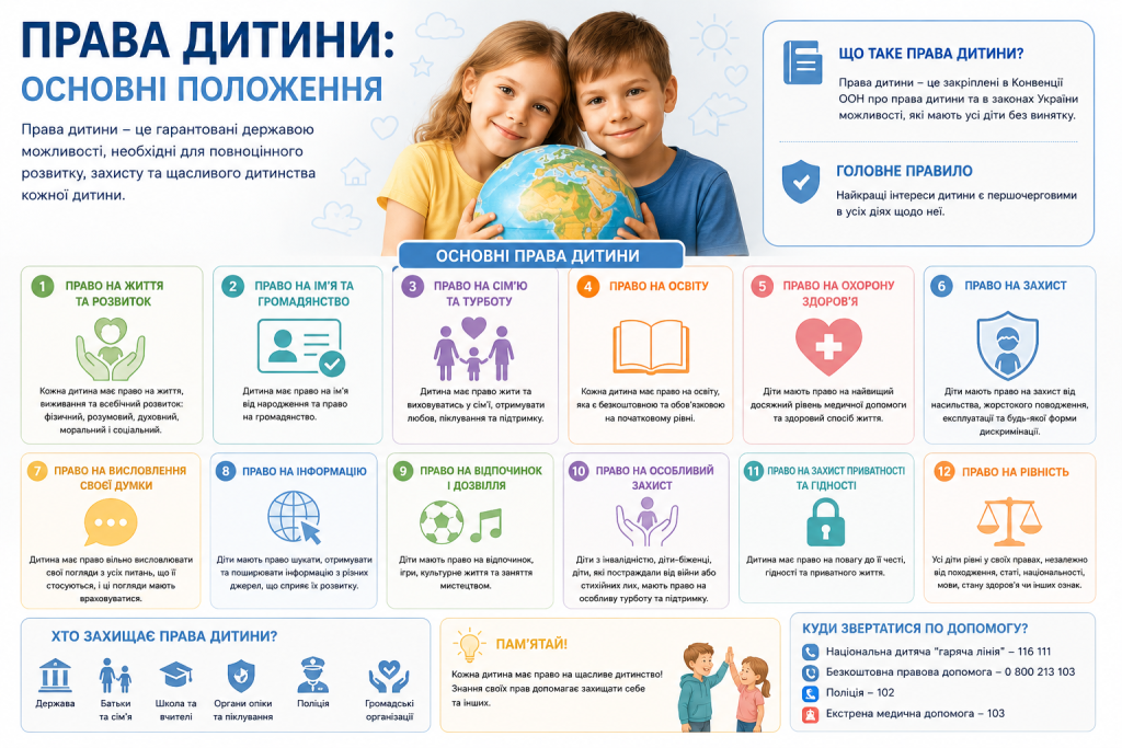 Інфографіка з основними правами дитини, гарантованими Конвенцією ООН та законодавством.