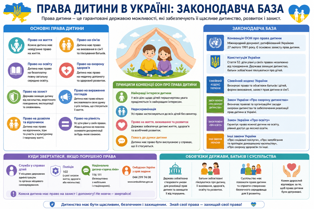 Інфографіка про права дитини в Україні із переліком основних прав, законодавчою базою, принципами Конвенції ООН та контактами для захисту прав дітей.