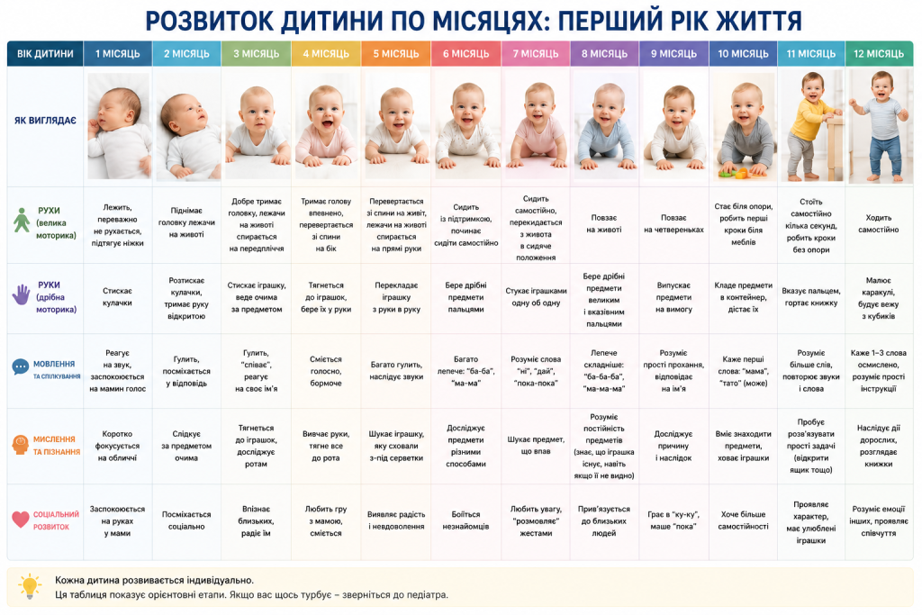 Таблиця розвитку дитини від народження до 12 місяців із основними навичками та етапами розвитку.