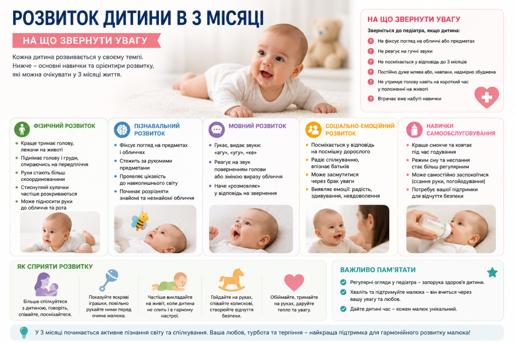 Інфографіка про фізичний, мовний, пізнавальний і соціально-емоційний розвиток дитини у 3 місяці з порадами для батьків.