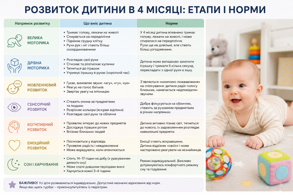 Інфографіка про розвиток чотиримісячної дитини з основними навичками, нормами фізичного, сенсорного та емоційного розвитку.