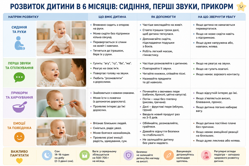 Інфографіка про розвиток дитини у 6 місяців із описом моторних навичок, перших звуків, прикорму, емоційного розвитку та порадами для батьків.