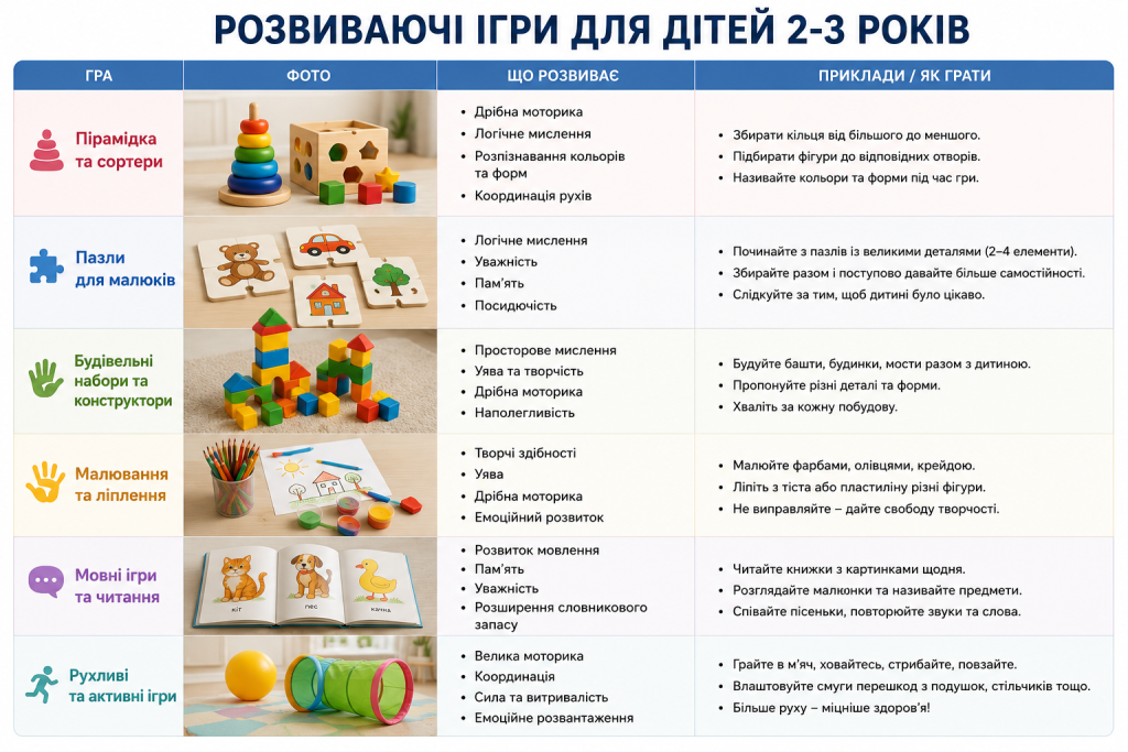 Інфографіка з добіркою розвивальних ігор для дітей 2–3 років, що сприяють розвитку моторики, мислення, мовлення, творчості та фізичної активності.