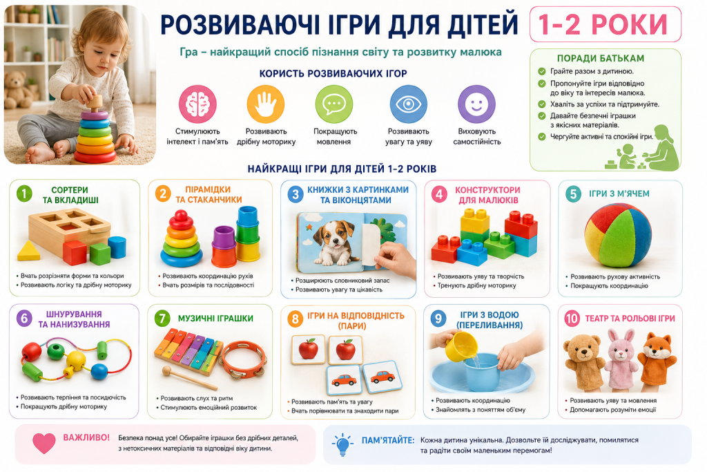 Інфографіка з добіркою розвиваючих ігор для дітей 1–2 років, їх користю для розвитку та порадами щодо безпечного вибору іграшок.