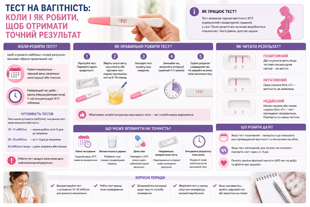 Інфографіка про правильне використання тесту на вагітність, оцінку результатів та поширені помилки.