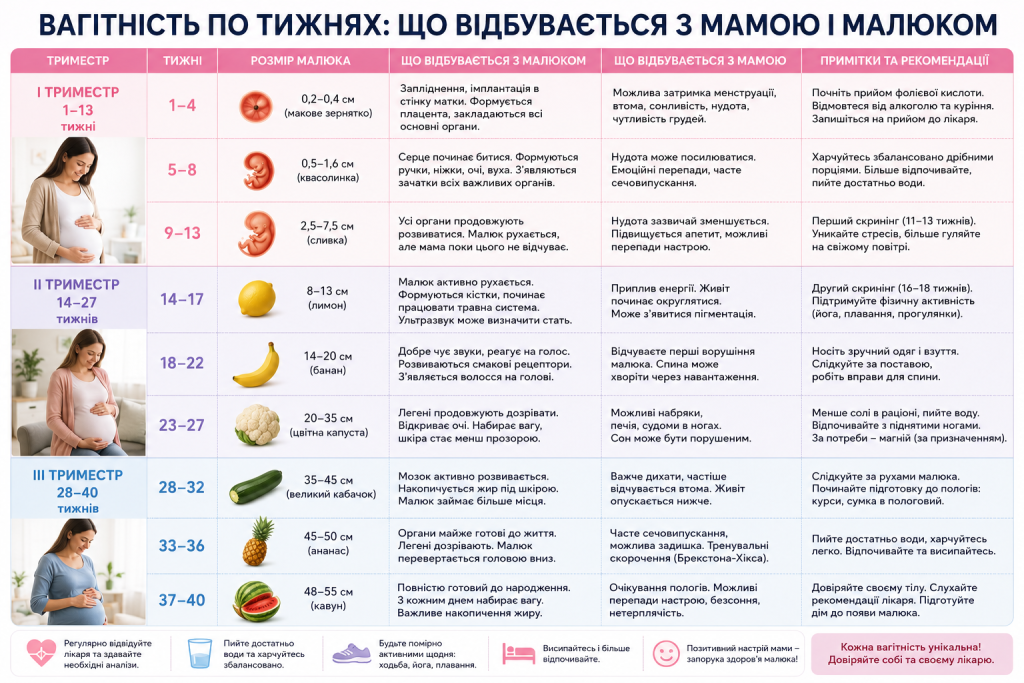 Інфографіка з етапами вагітності по тижнях, розвитком плода, змінами в організмі матері та рекомендаціями для кожного триместру.