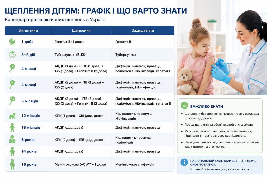 Інфографіка з календарем профілактичних щеплень дітей в Україні, віком вакцинації, назвами вакцин і хворобами, від яких вони захищають.