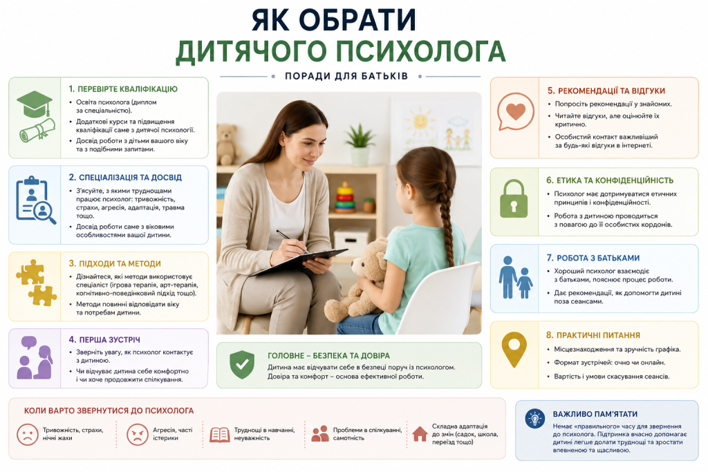 Інфографіка з порадами щодо вибору дитячого психолога, критеріями оцінки спеціаліста та ознаками, коли дитині потрібна психологічна допомога.
