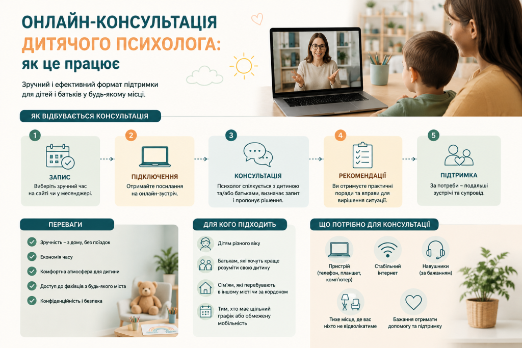 Інфографіка про онлайн-консультацію дитячого психолога, етапи запису, спілкування та отримання рекомендацій