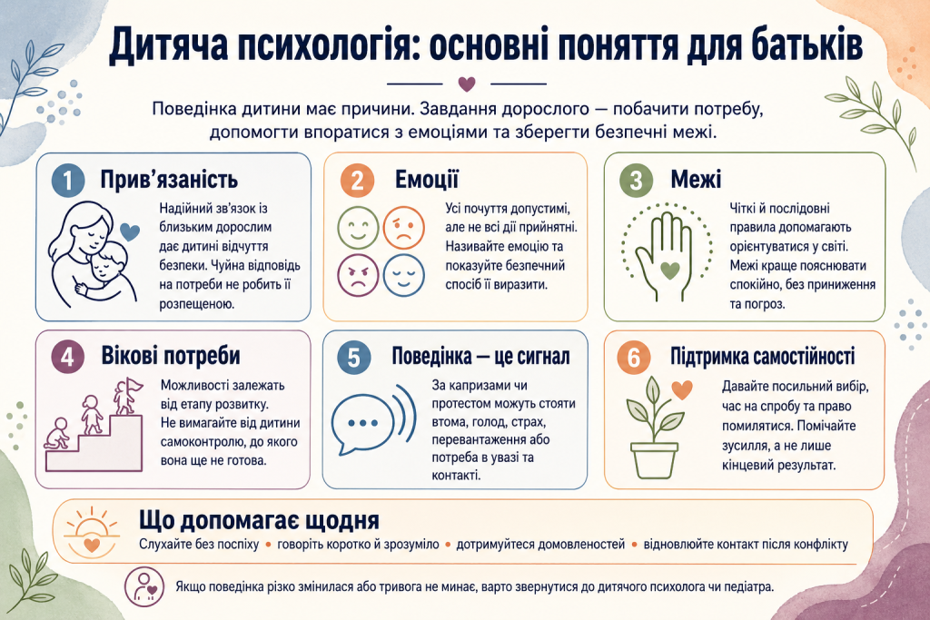 Інфографіка про дитячу психологію, прив’язаність, емоції, особисті межі, вікові потреби та підтримку самостійності.