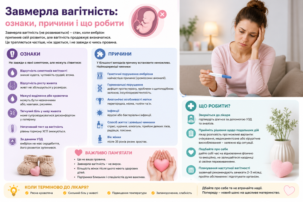 Інфографіка про ознаки та можливі причини завмерлої вагітності, звернення до лікаря, обстеження і подальші дії.