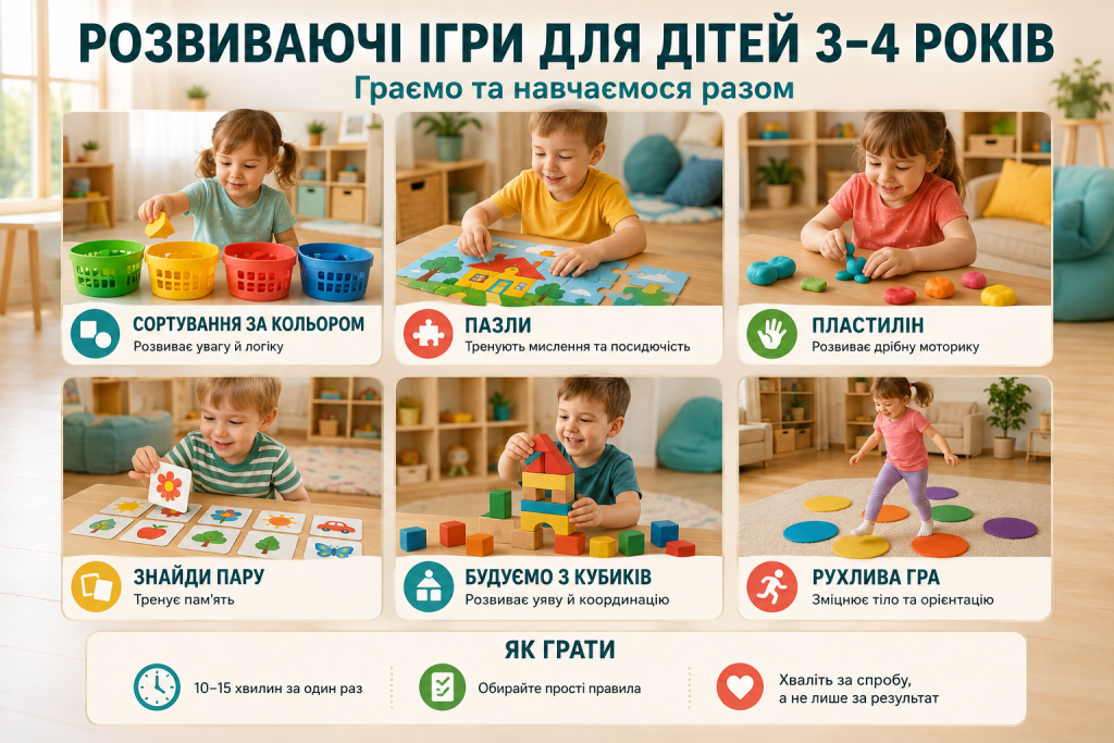 Інфографіка з розвиваючими іграми для дітей 3–4 років: пазли, пластилін, сортування кольорів, кубики та рухливі заняття