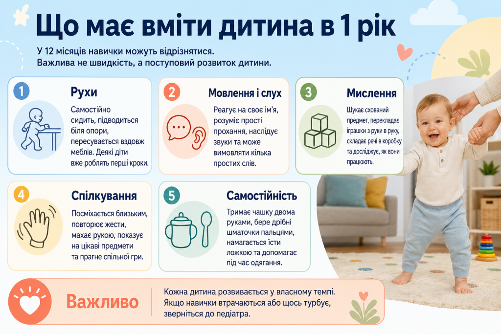 Інфографіка про те, що має вміти дитина в 1 рік: рухи, мовлення, мислення, спілкування та самостійність.