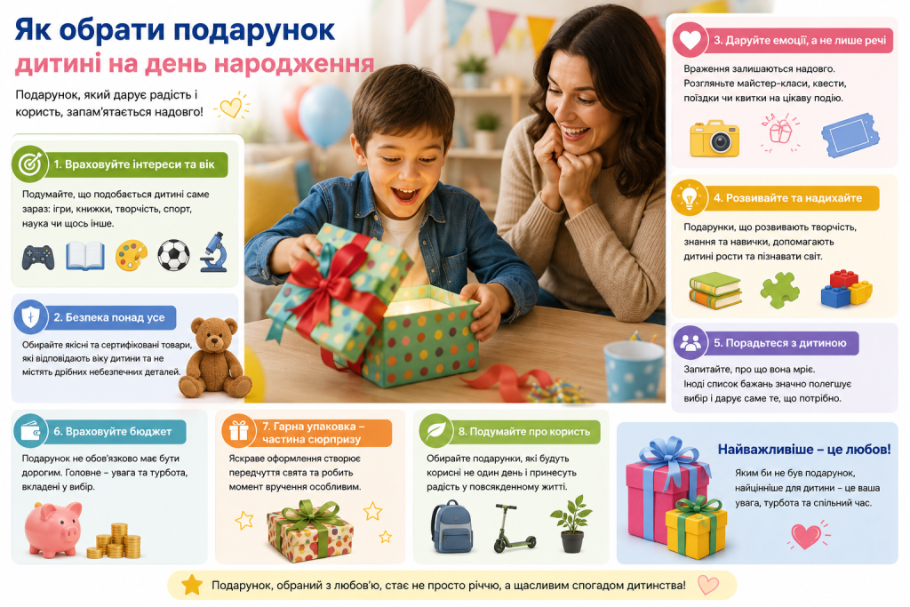 Інфографіка з порадами щодо вибору подарунка дитині на день народження з урахуванням віку, інтересів, безпеки та бюджету.