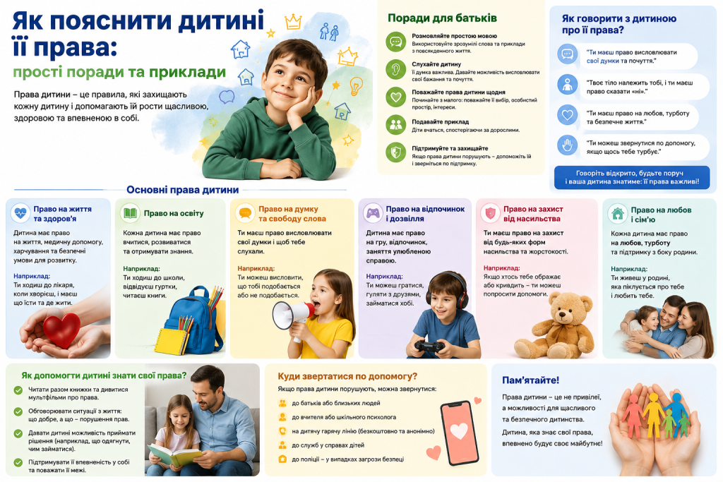 Інфографіка про основні права дитини, поради батькам, способи пояснення прав та дії у разі їх порушення.