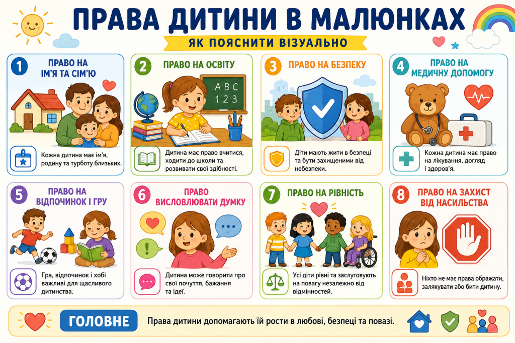 Інфографіка для дітей про основні права дитини на сім’ю, освіту, безпеку, медичну допомогу, відпочинок, рівність і захист
